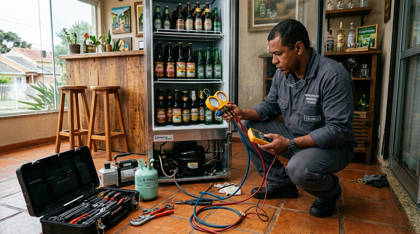 Profissional executando reparo no motor de cervejeira em Belém‑PA