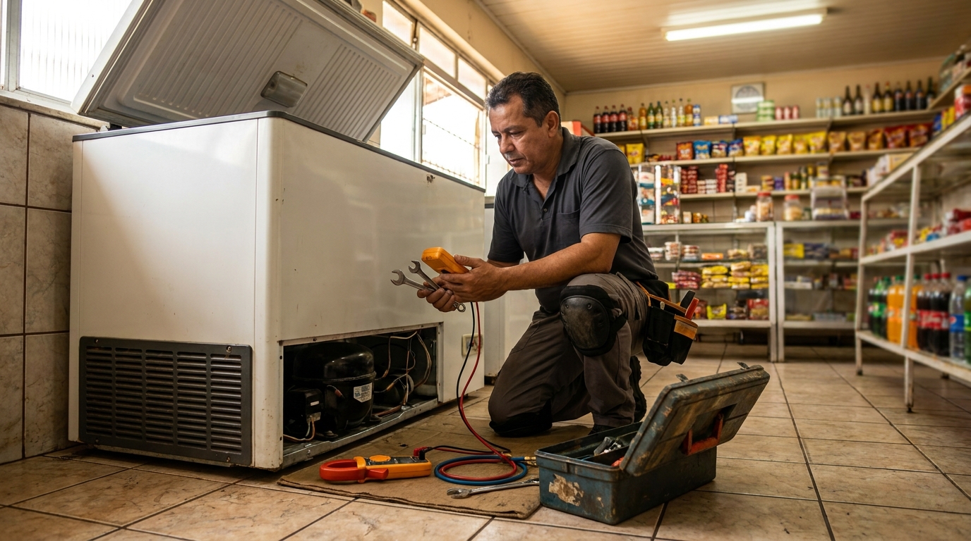 Profissional executando manutenção no motor de freezer em Belém‑PA