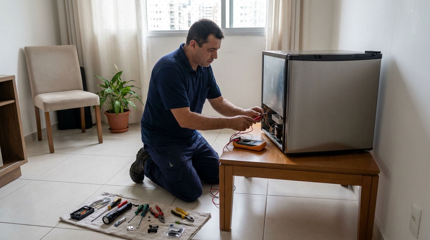 Técnico fazendo manutenção do motor de frigobar em Belém‑PA