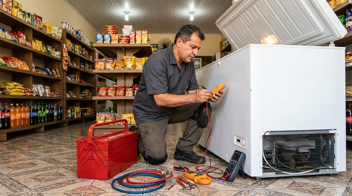 Recarga de gás refrigerante no freezer durante atendimento em Belém‑PA
