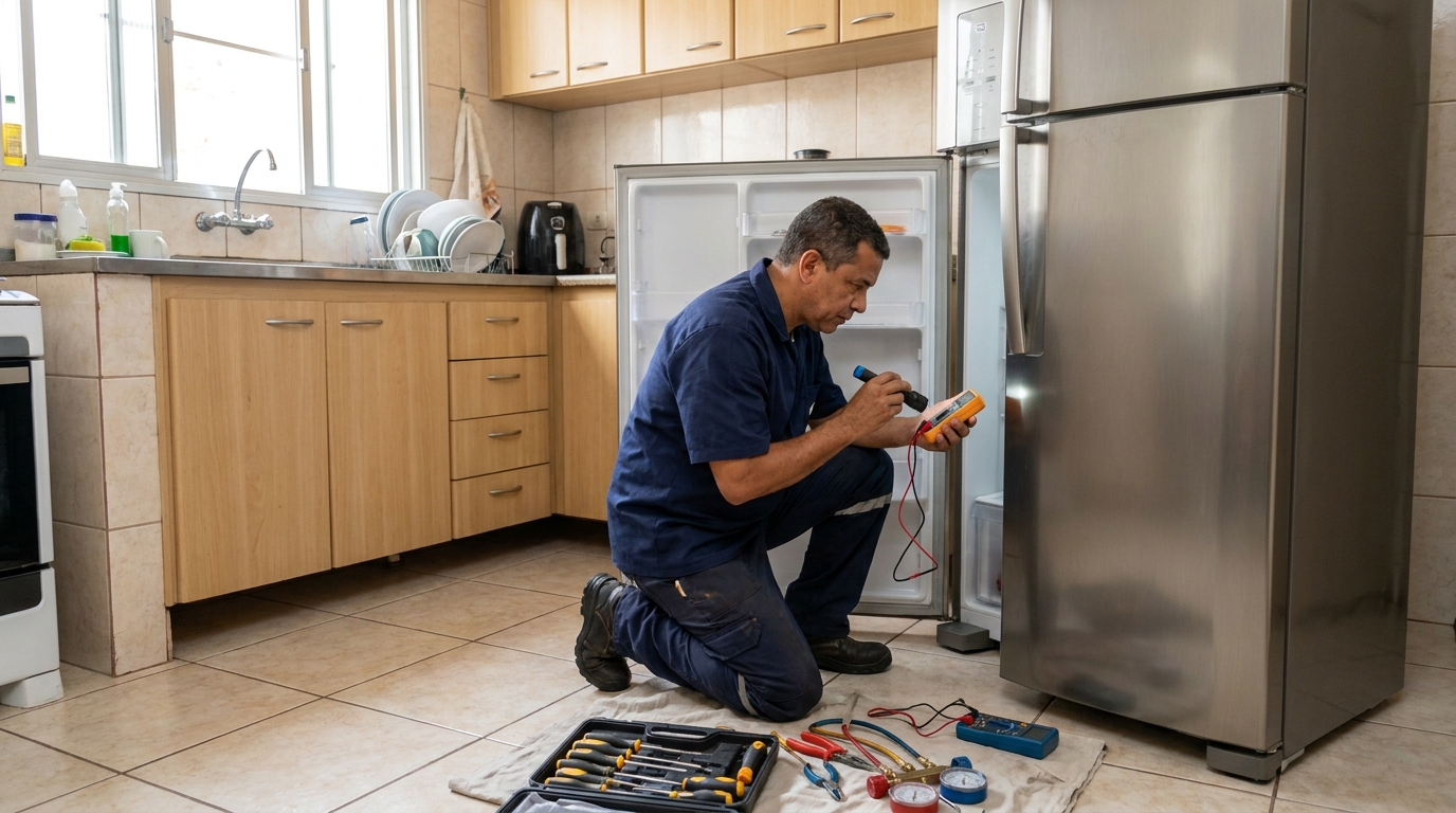 Técnico aplicando recarga de gás refrigerante em geladeira em Belém‑PA
